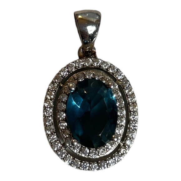 Sterling Silver Blue Topaz Colored Necklace Pendant Oval CZ Please Read Descript - Picture 2 of 7